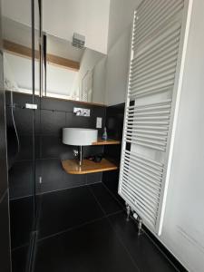 a bathroom with a sink and a shower at Moderne Apartments in attraktivem Altbau in Freiburg im Breisgau +29 photos