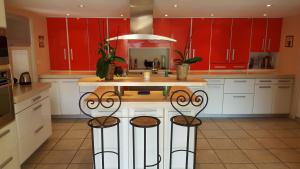 a kitchen with red cabinets and a kitchen island with plants at Les Terrasses de Provence in Peypin
