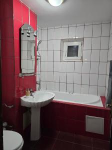 a red and white bathroom with a sink and a tub at AARON Apartament in Craiova +9 photos