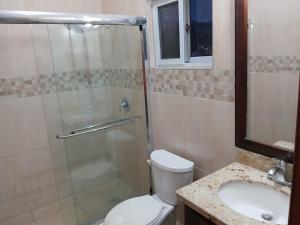 een badkamer met een douche, een toilet en een wastafel bij A beautiful two bedroom apartment in Kingston +10 foto's