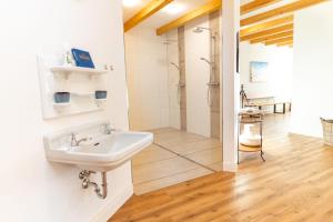a bathroom with a sink and a shower at Gulfhof Fresena in Norden +95 photos