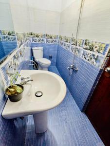 Un baño con lavabo e inodoro en un barco. en Rashmika Homestay, en Nallathanniya