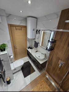 ズラティボールにあるApartmani Balkan Squareのトイレ、洗面台、鏡のあるバスルーム