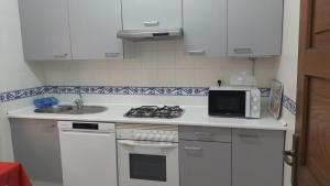 cocina blanca con fogones y microondas en ACOGEDOR Y LUMINOSO PISO CÉNTRICO, en Vigo 8 fotos más