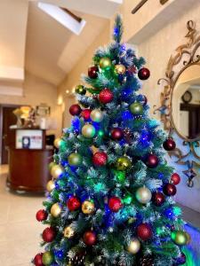 克卢日-纳波卡Pensiunea Junior的房间里的圣诞树上装饰着饰物