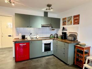 La cuisine est équipée d'armoires vertes et d'un réfrigérateur rouge. dans l'établissement Küstenliebe, à Heiligenhafen