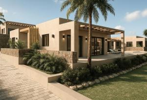 a house with a palm tree in front of it at Nysa Luxury villa 3 in Anissaras
