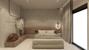 a bedroom with a bed and a large window at Nysa Luxury villa 3 in Anissaras +9 photos