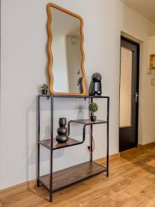 沙特尔Studio idéalement situé cathédrale et centre-ville的架子上放着镜子和花瓶
