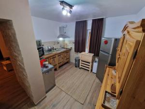 a kitchen with a sink and a refrigerator at Căsuța Alpină in Ranca