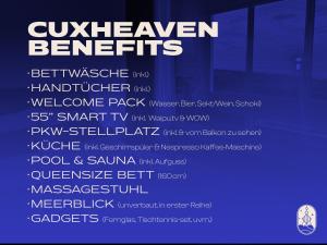 un poster per uno schermo di computer con un mucchio di testo di CuxHeaven - modernes Studio-Apartment direkt am Meer mit Pool, Sauna und Massage a Cuxhaven