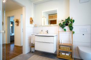 a bathroom with a sink and a toilet and a mirror at BeltBlick 14- Küstenleuchten - Moderne Ferienwohnung direkt am Strand mit Sauna und Garten! in Fehmarn +20 photos