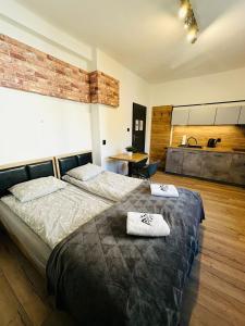 una camera da letto con un letto con due asciugamani sopra di Apartament Gór-SKI a Malinka