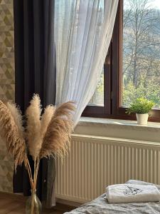 una finestra con davanti un vaso con delle piume di Apartament Gór-SKI a Malinka Altre 22 foto