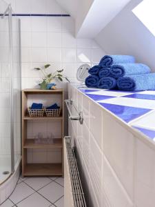 ein Badezimmer mit blauen Handtüchern auf der Theke in der Unterkunft Rebenglück in Rohrendorf bei Krems