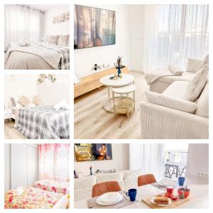 eine Collage mit Fotos von einem Wohnzimmer und einem Schlafzimmer in der Unterkunft Entire Villa Private Sea-View Villa in Finestrat in Finestrat