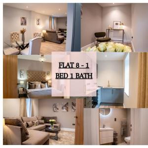 eine Collage aus vier Bildern eines Wohnzimmers in der Unterkunft Flat 8-1 BR private parking in Newport