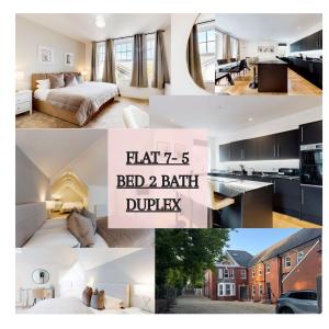 eine Collage aus Bildern eines Schlafzimmers, eines Bettes und eines Badezimmers in der Unterkunft Luxury Penthouse Duplex in Newport