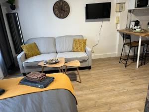 a living room with a couch and a clock on the wall at Studio Bourgogne 30 in Orléans