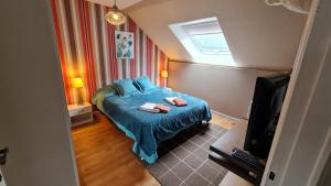 a bedroom with a bed with blue sheets and a television at DOMAINE DES GRAVIERS in Plainfaing