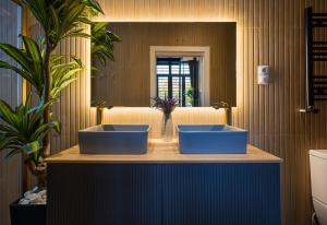 Un baño con dos lavabos azules y un espejo. en A IM La Latina-City Centre-WiFi-AC-SmartTV A, en Madrid