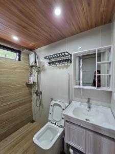 Un baño con lavabo, inodoro y espejo. en Banaue Glass Cabins, en Banaue