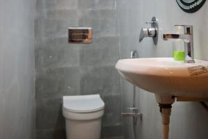 un baño con lavabo e inodoro en Mosaic Hostel Varanasi, en Varanasi 9 fotos más