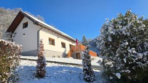 a house in the snow with two trees at Sunčev breg in Tuheljske Toplice