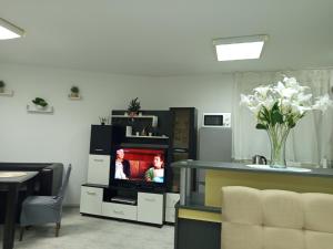 a living room with a tv on a stand at Alena'Studio in Gabrovo