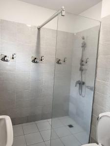 La Villa Moris, meublée et bien située في ليبرفيل: دش مع باب زجاجي في الحمام