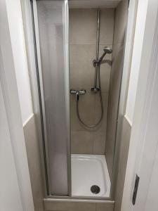 una ducha con puerta de cristal en un baño en Große Wohneinheit Im Hotel weisses Lamm, en Bruchsal