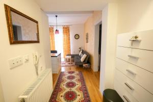 a hallway with a living room with a couch at Apartman Lusi Vranje in Vranje +22 photos