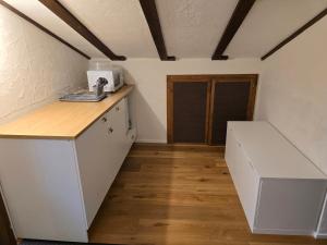 a kitchen with a counter with a microwave on it at Charming Louisa Zimmer Roof - KEINE KÜCHE in Rueras +1 photo