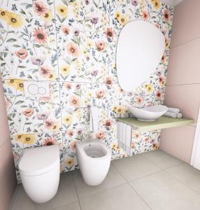 a bathroom with a flowery wallpaper and a mirror at Appartamento Ideal con piscine e animazione Hotel Alba d Oro estate in Gatteo a Mare