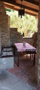 Monastero BormidaCasa Greta - Ca di Buie的带石墙的露台上的野餐桌