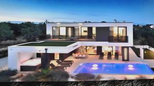 a large house with a swimming pool in front of it at Villa 1 in Kožino