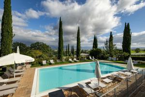 a swimming pool with lounge chairs and umbrellas at Agriturismo La Corte dei Cavalieri in Montefalco