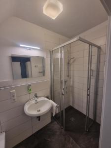 a bathroom with a sink and a shower at Die Heilsbach gGmbH in Fischbach bei Dahn +19 photos
