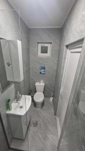 a small bathroom with a toilet and a sink at 3 Stars Apartments in Prilep