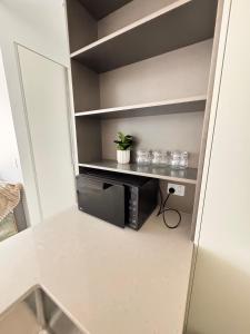 a room with a desk with a plant on a shelf at 1Br City View apt near SthnCrs Wifi Pool Gym in Melbourne