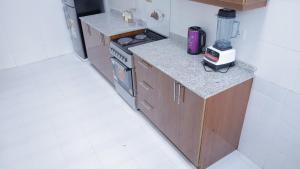 a kitchen with a stove and a counter top at My Dream Apartments - 4 miles from Bole International Airport in Addis Ababa +18 photos