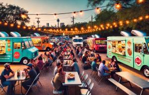 Eine Gruppe von Menschen sitzt an Tischen vor Imbisswagen. in der Unterkunft ATX Dtwn Golden Girls New Home, Grill, Walk to 6th St Eats and Lake in Austin