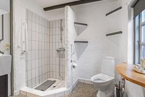 灵克宾Charming Townhouse By The Harbour的带淋浴和卫生间的白色浴室