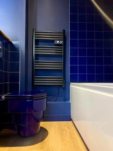 ein blaues Bad mit einem WC und einer Badewanne in der Unterkunft Les Couleurs du Lac in Gérardmer + 8 Fotos