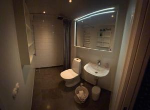 a bathroom with a white toilet and a sink at Gula Byn 410 in Sälen