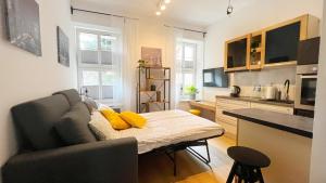 a kitchen with a couch and a table in a room at Studio Kopernika 10 in Frombork