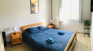 een slaapkamer met een bed met blauwe kussens erop bij Entre Mer et Montagnes in Céret +30 foto's