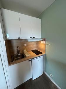 巴拉吕克莱班studio de la lagune piscine parking的带白色橱柜和水槽的小厨房