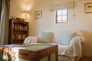 Una sala de estar con un sofá y una estantería. en Wild Olive Cottage, en Graaff-Reinet