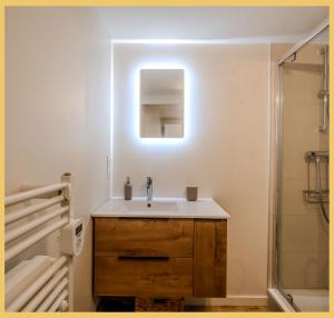 a bathroom with a sink and a shower at Chez Anaïs I T1 I Sauverny in Sauverny +17 photos